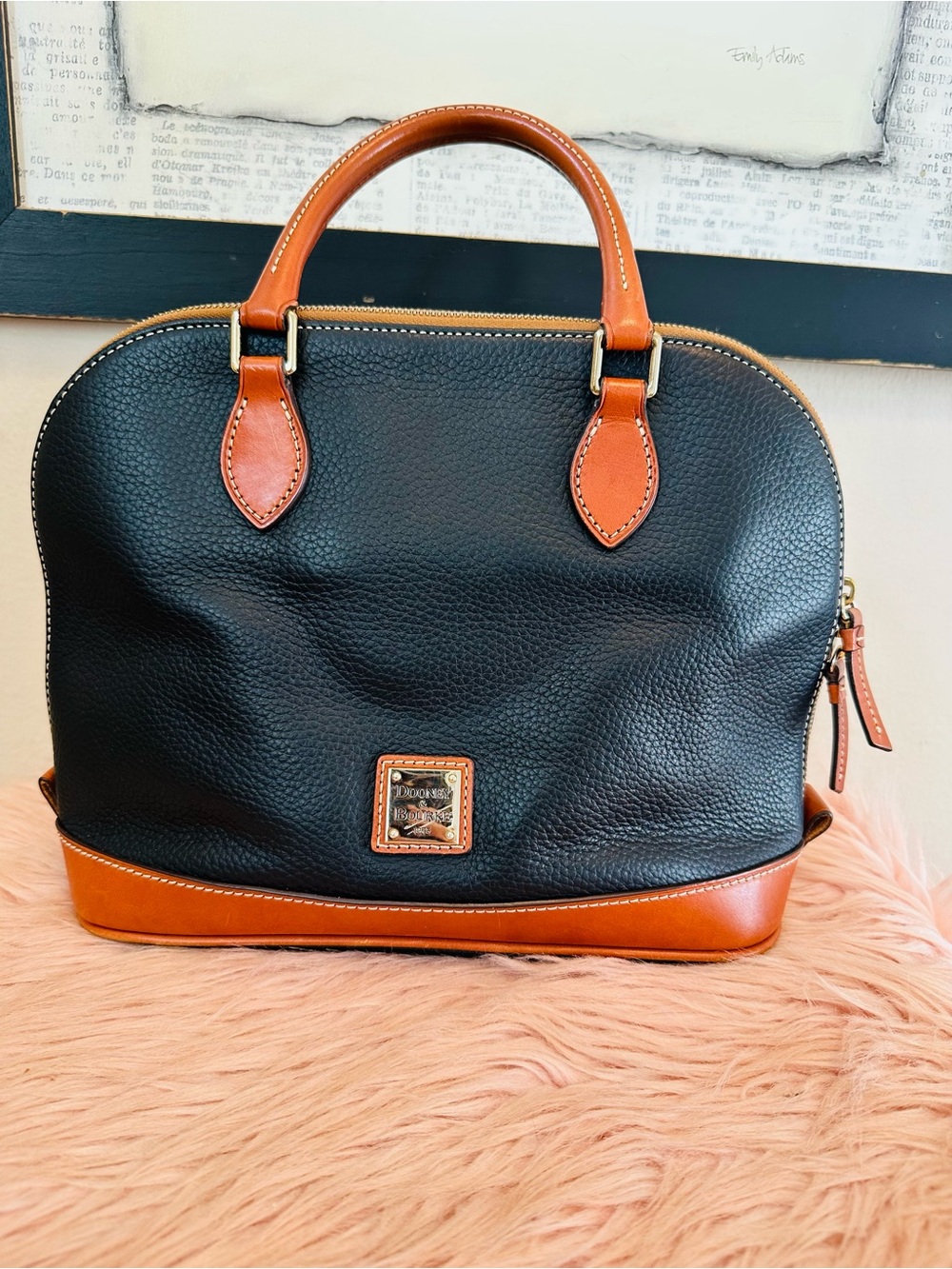Dooney & Bourke Black and Tan Pebbled Leather Satchel